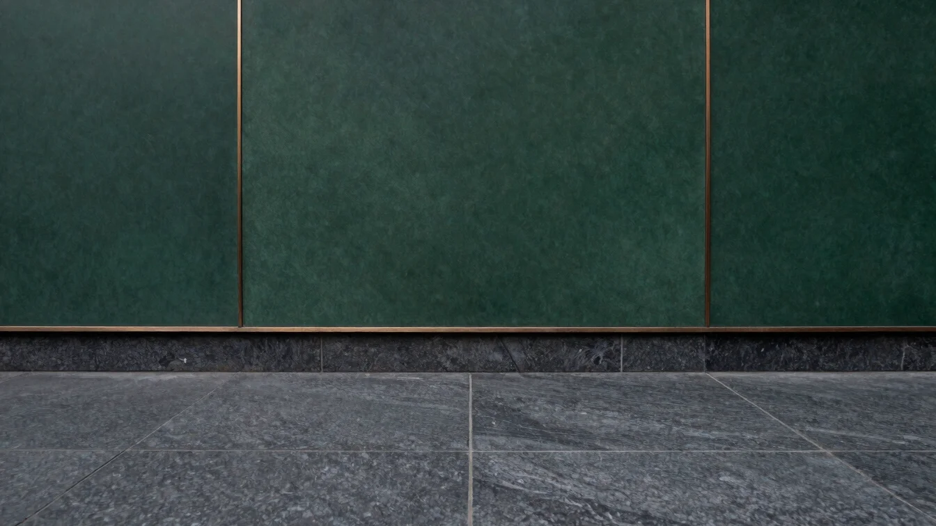 Artwork placeholder on dark stone, soft overcast light, deep gree