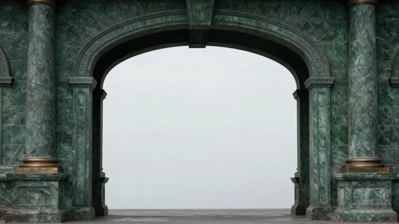Third artwork placeholder, arched gatehouse form in soft overcast