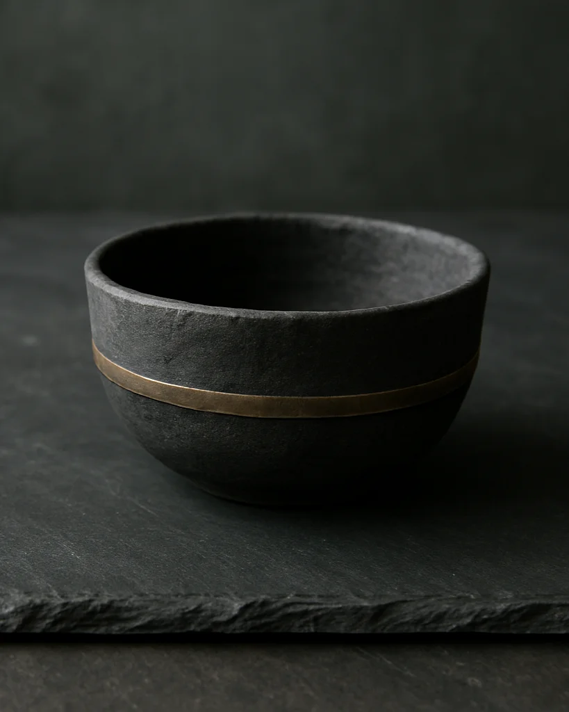 Close study of a hand-made craft piece on a dark charcoal stone surface, soft overcast light from one side, muted bronze