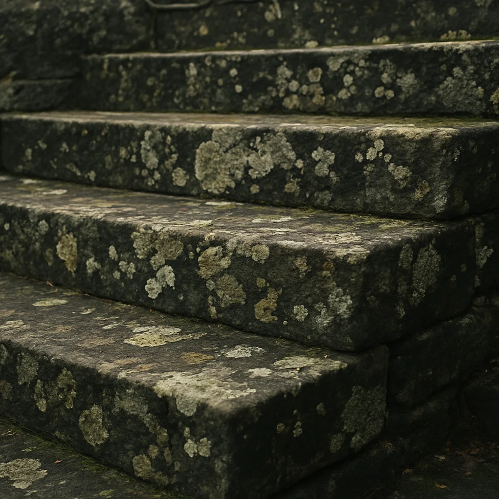Close study of lichen-covered stone steps in soft natural light,