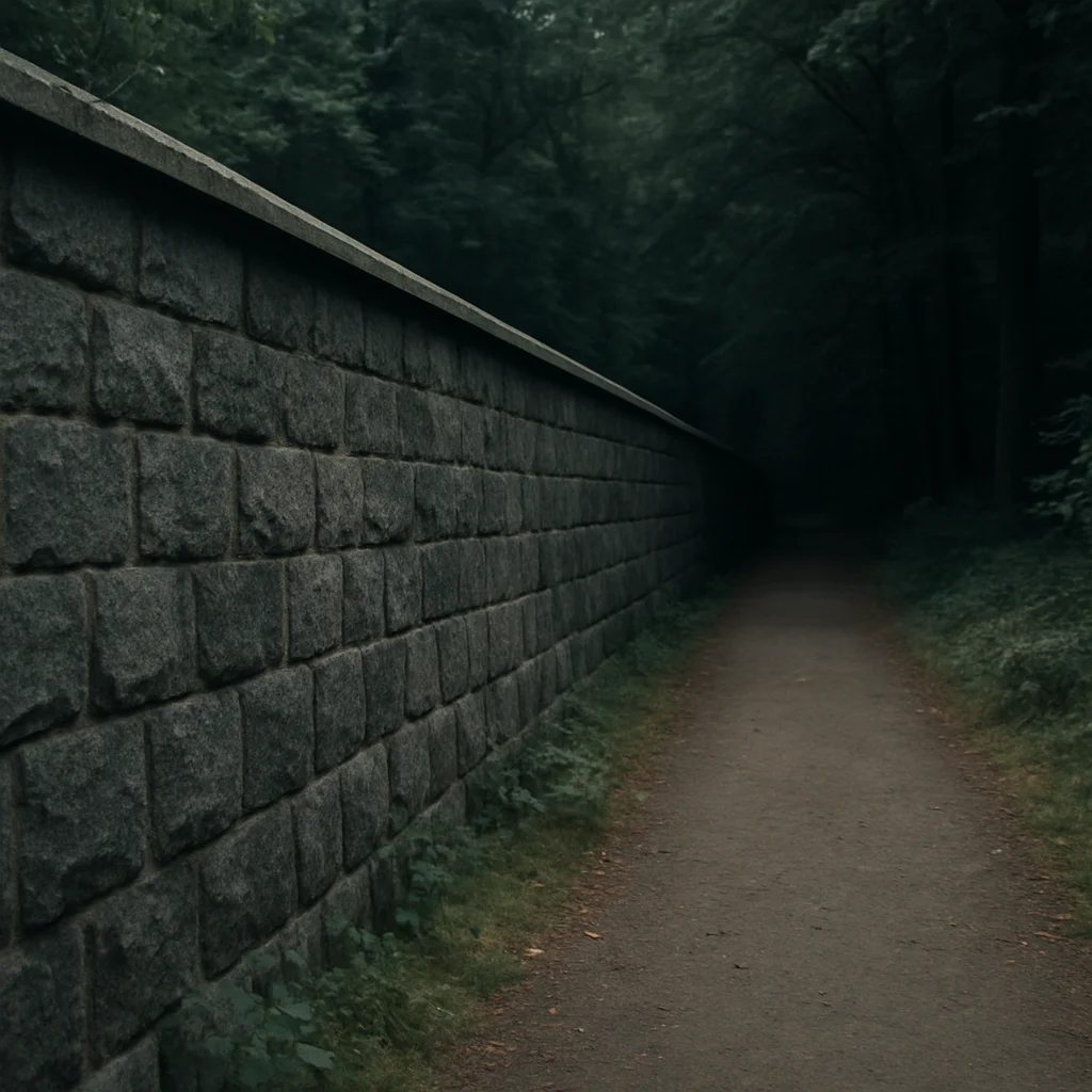 Quiet view along a stone wall toward a dark wooded path, overcast