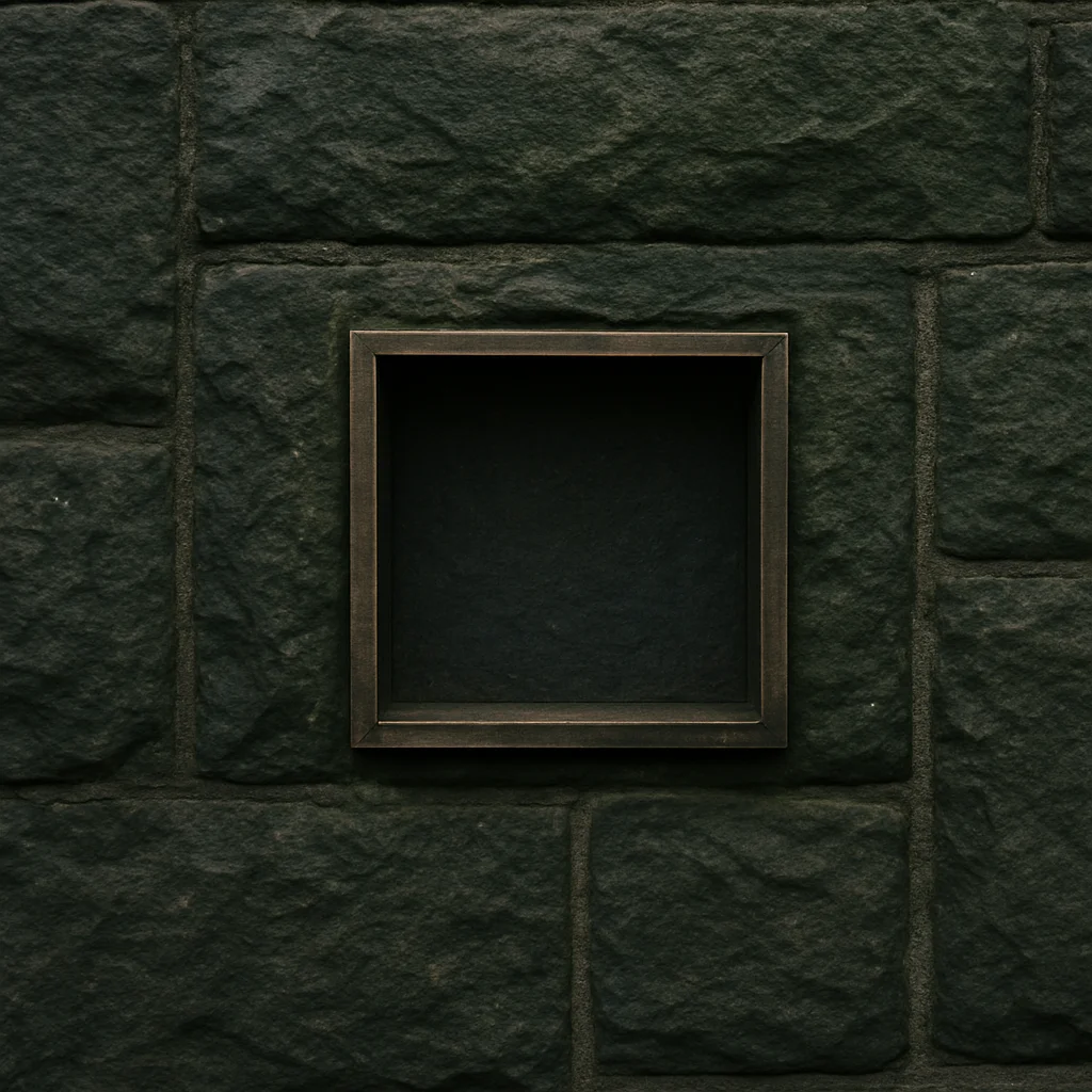 Close, soft-focus study of dark weathered stone wall in overcast