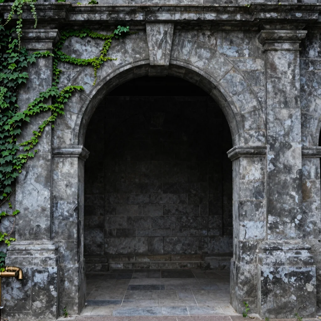 Wide composed view of an old stone archway with ivy at its edges