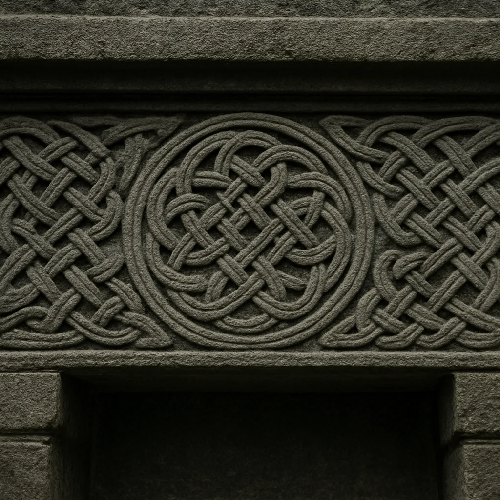 Detail of restrained Celtic carving on a grey stone lintel in sof