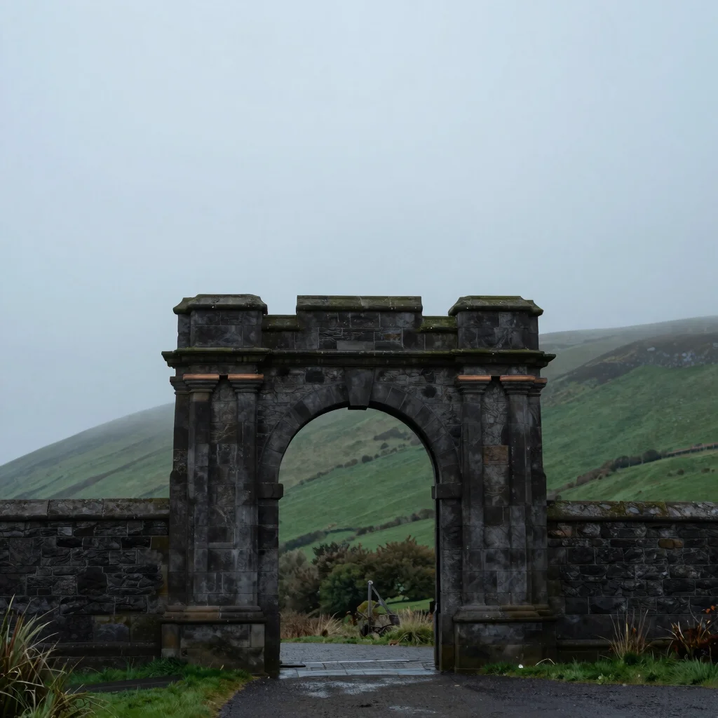 Gatehouse arch silhouetted against a misty deep green hillside un